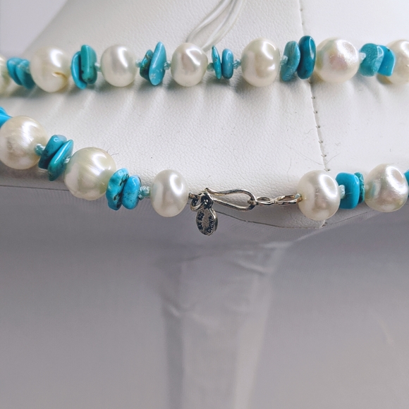 925 pearl & turquoise chip long strand necklace - Picture 4 of 5